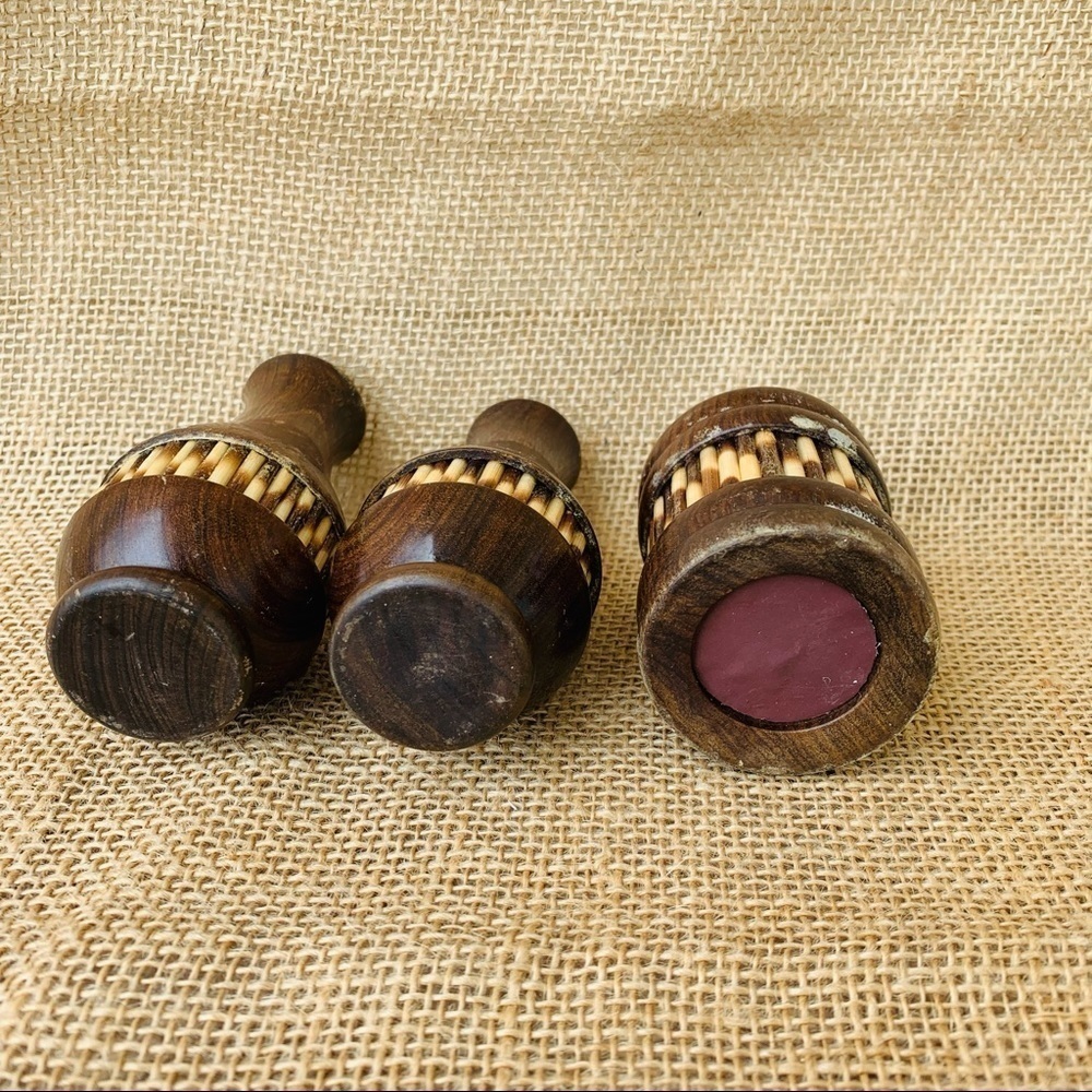 Vintage Mid Century Modern European Salt Pepper Shakers Toothpick Holder Teak - Picture 2 of 3